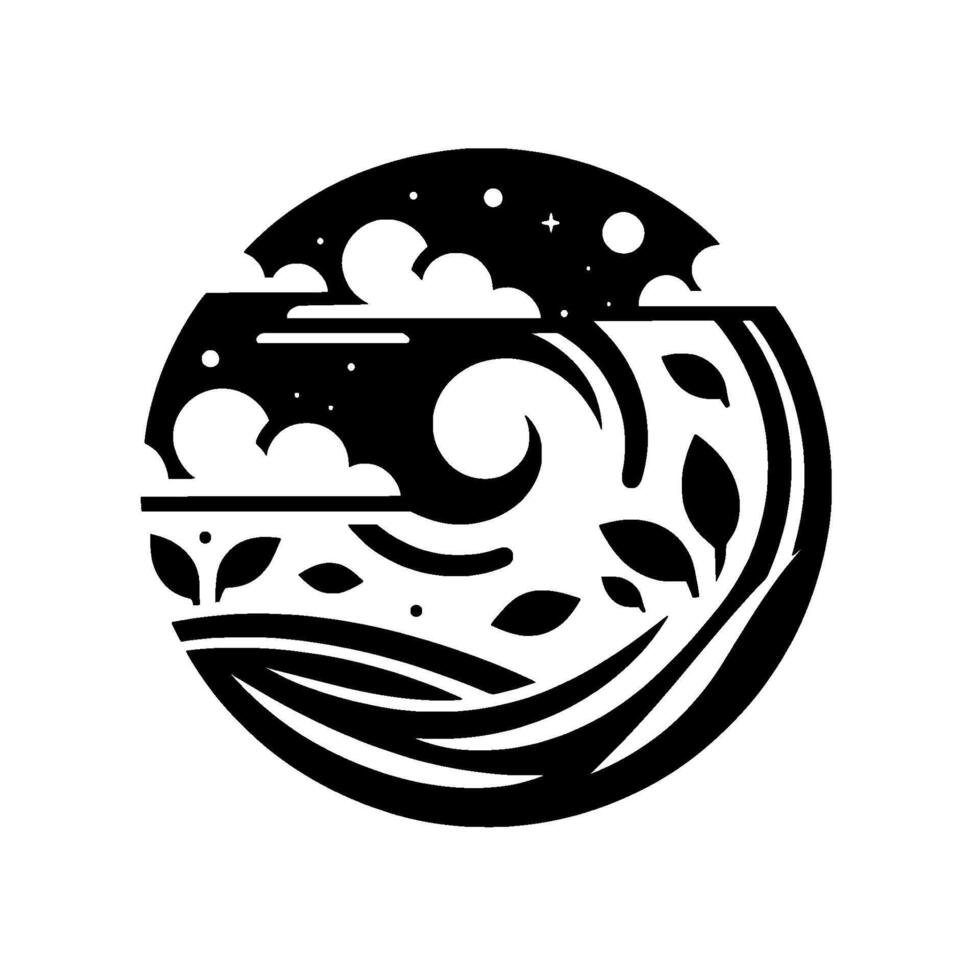 A minimalist black and white circle artwork depicting a stylized landscape with swirling water, foliage, clouds, and a starry sky, evoking a serene, natural scene. vector