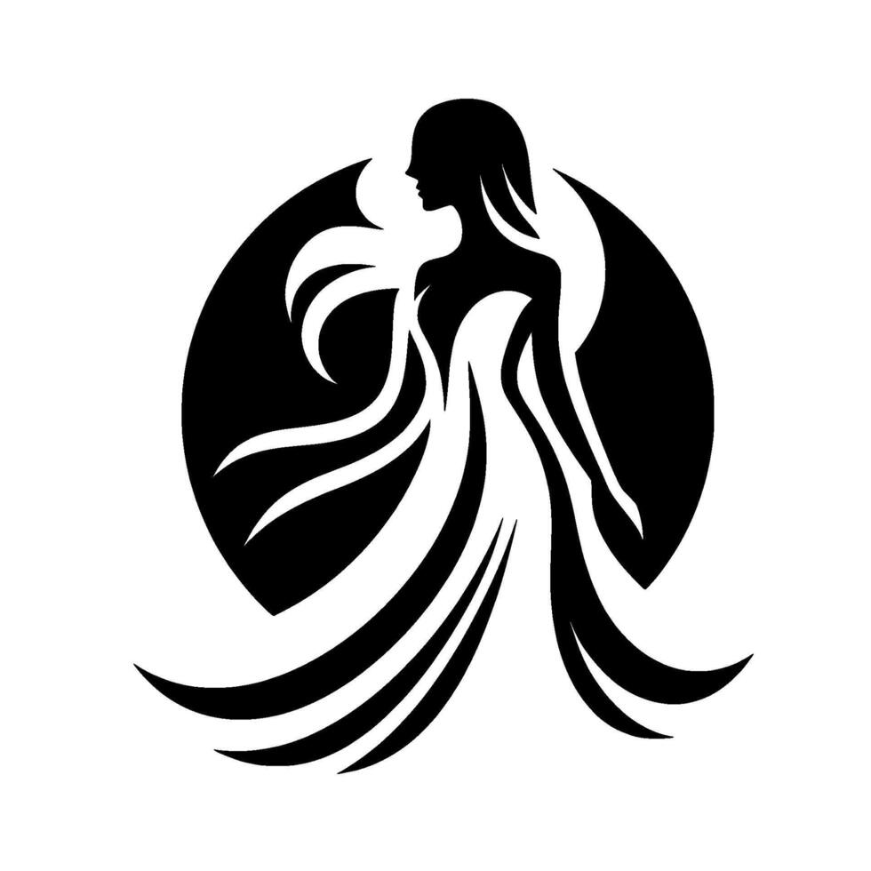 Elegant Silhouette A Graceful Woman in Flowing Gown Against a Moonlit Circle, Minimalist Black and White . vector
