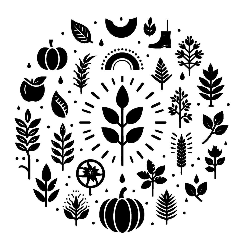 Circular Harvest Stylized Black White Composition of Autumnal Icons Including Pumpkin, Apple, Foliage, and Botanical Elements, a with radial symmetry. vector