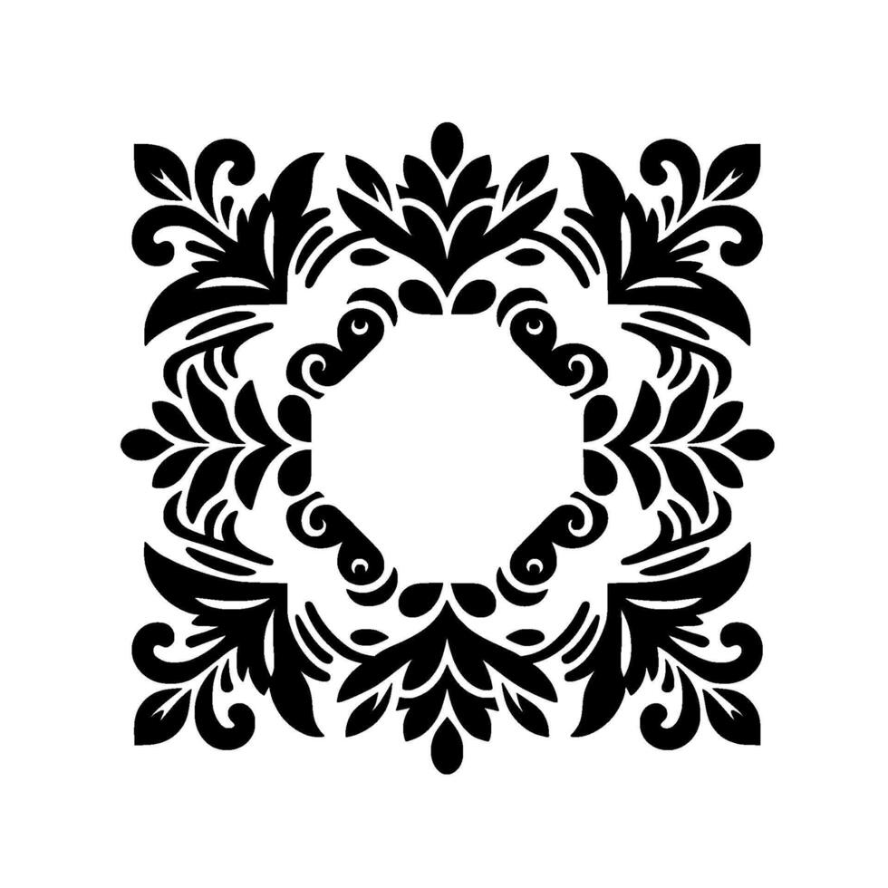 Symmetrical Black Floral Mandala, Centered Diamond, Baroque Style on White Background. vector