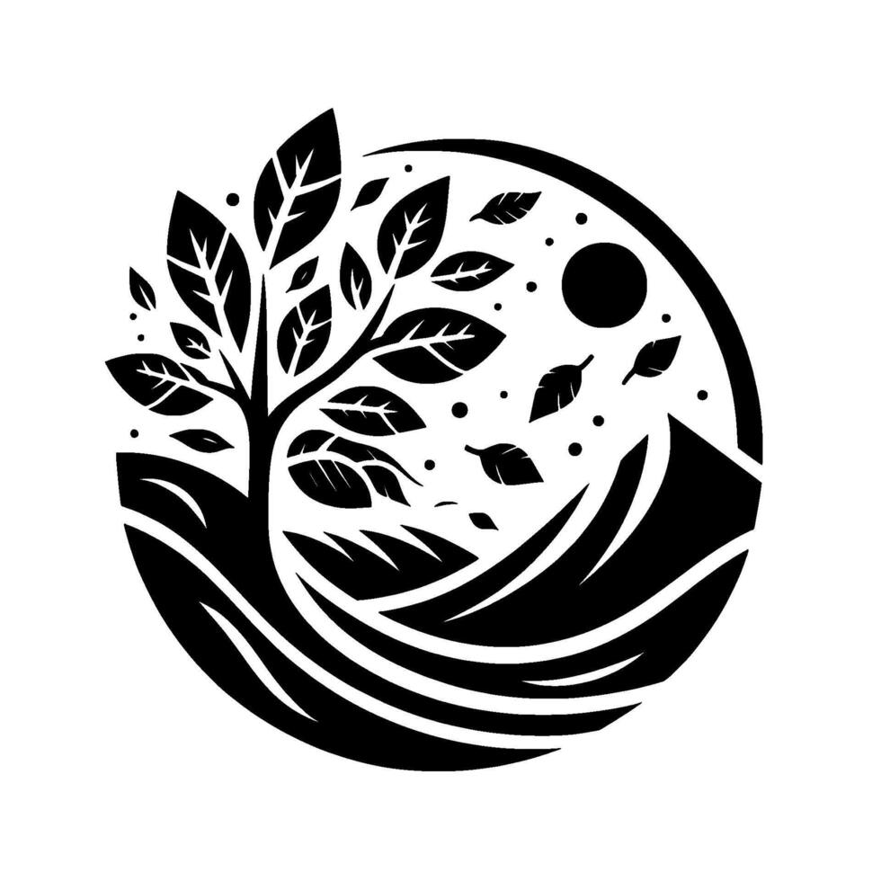 A minimalist, blackandwhite illustration showcasing a tree with falling leaves within a circular frame, with a mountain silhouette and sun, evoking nature and tranquility. vector