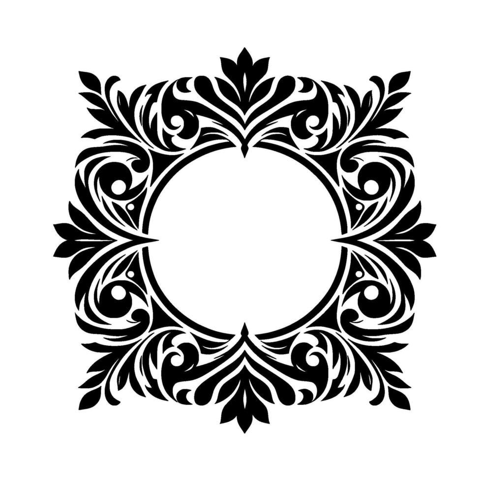 Elegant Black and White Ornamental Frame Featuring Flourishes, Swirls, and Leafy Motifs Centering a White Circle, Perfect for Elegant Invitations or Logos. vector