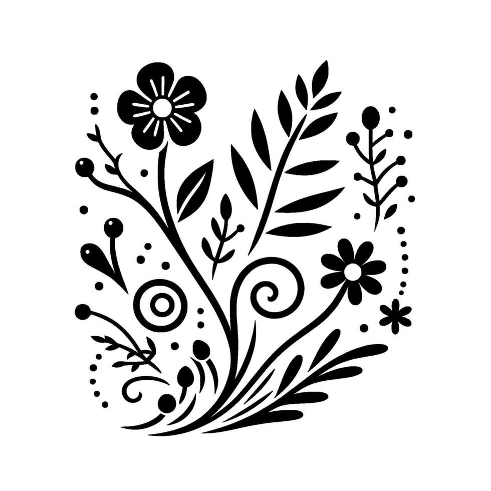 Elegant Black and White Floral Arrangement with Stylized Flowers, Leaves, and Swirls on a Clean White Background, Evoking a Sense of Simplicity and Grace. vector