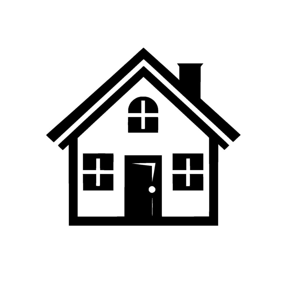 A minimalist black and white illustration of a simple house with a gabled roof, chimney, crossshaped windows, and an open door, representing home and shelter. vector