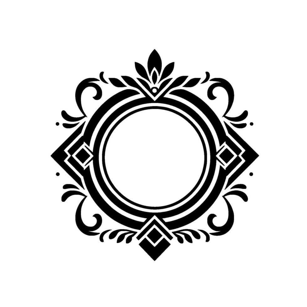 Elegant Black and White Ornamental Frame Featuring Circular Center, Geometric Shapes, and Detailed Flourishes. vector