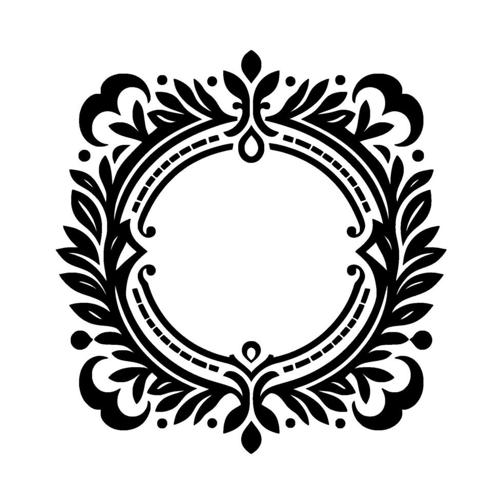 Elegant Black and White Floral Crest Featuring a Central Circular Aperture, Adorned with Intricate Leafy Embellishments on a Clean White Background. vector