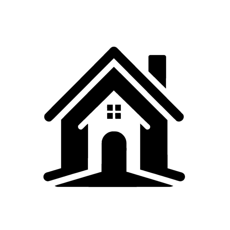 A minimalist black and white house , with simple shapes including a roof, chimney, door, and a window, set against a clean white background, ideal for real estate. vector