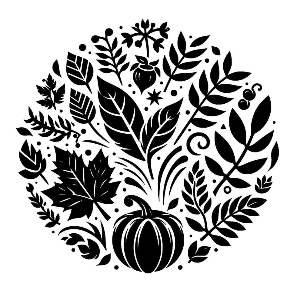 Circular black and white botanical featuring a pumpkin, leaves, berries, and other fall elements, creating a harmonious, symmetrical composition. vector