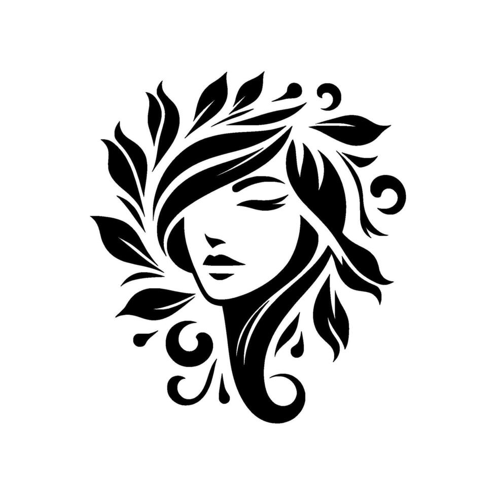 Minimalist Monochrome Portrait Serene Woman Adorned with Leafy Hair, a Stylized of Beauty and Nature on a White Background. vector