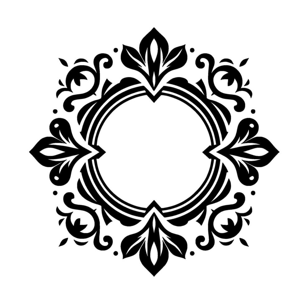 A symmetrical black and white floral ornament composed of a circle frame embellished with intricate leaflike designs and swirling embellishments on a white backdrop. vector