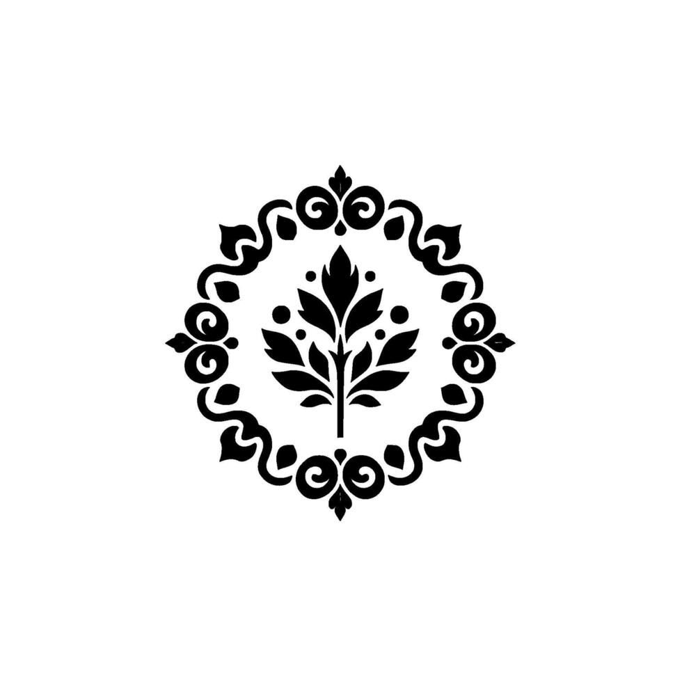 Elegant black and white symmetrical floral , featuring a central stylized tree encompassed by ornate swirling frame, minimalist aesthetic. vector