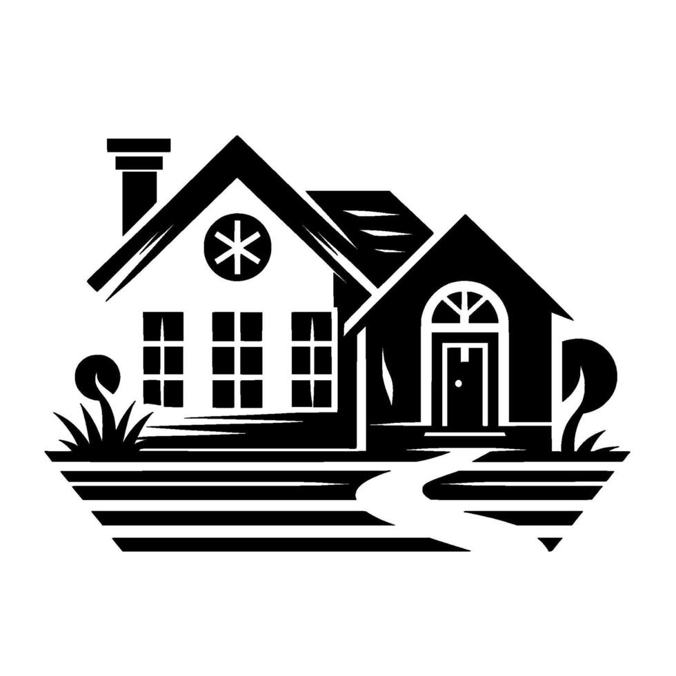 A minimalist, stylized blackandwhite illustration of a home, featuring a twosectioned dwelling with a chimney, a starshaped , windows, and an arched doorway, set amidst stylized flora and a vector