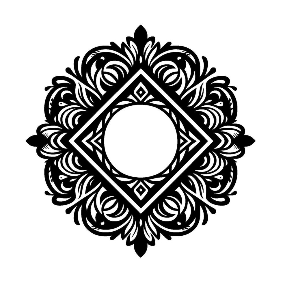 Intricate black and white symmetrical ornamental with a central circular void framed by a diamond, surrounded by floral and stylized leaf patterns. vector