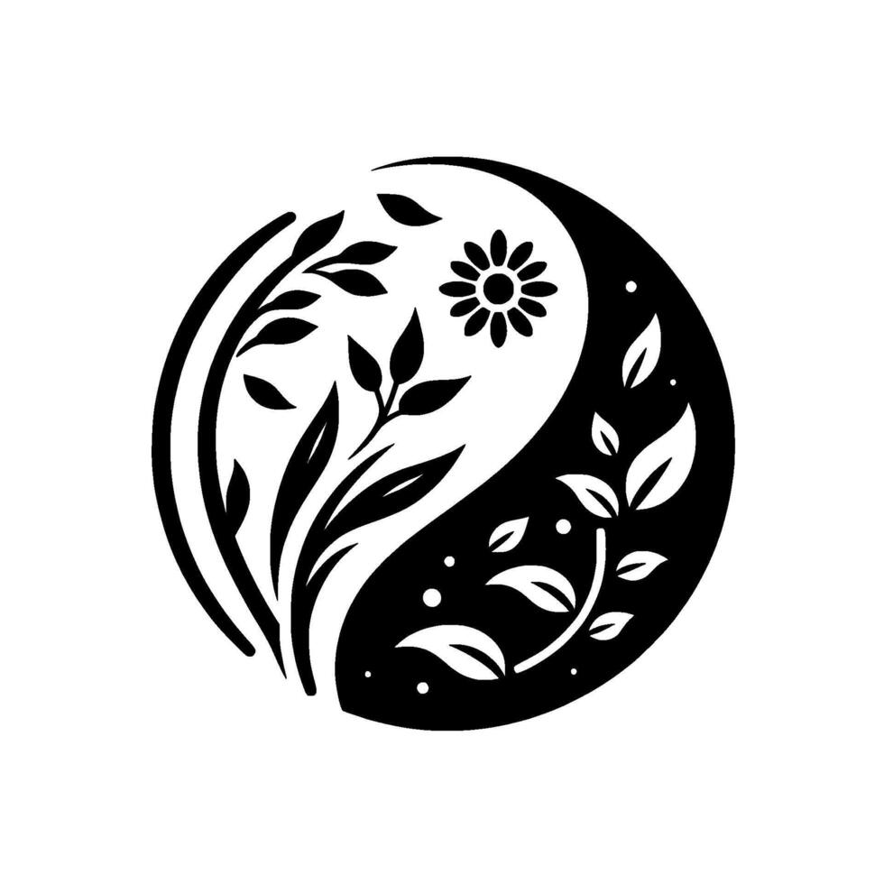 Yin Yang Symbol with Botanical Elements A stylized depiction of balance, featuring floral and leafy details within the contrasting black and white halves of a circle. vector