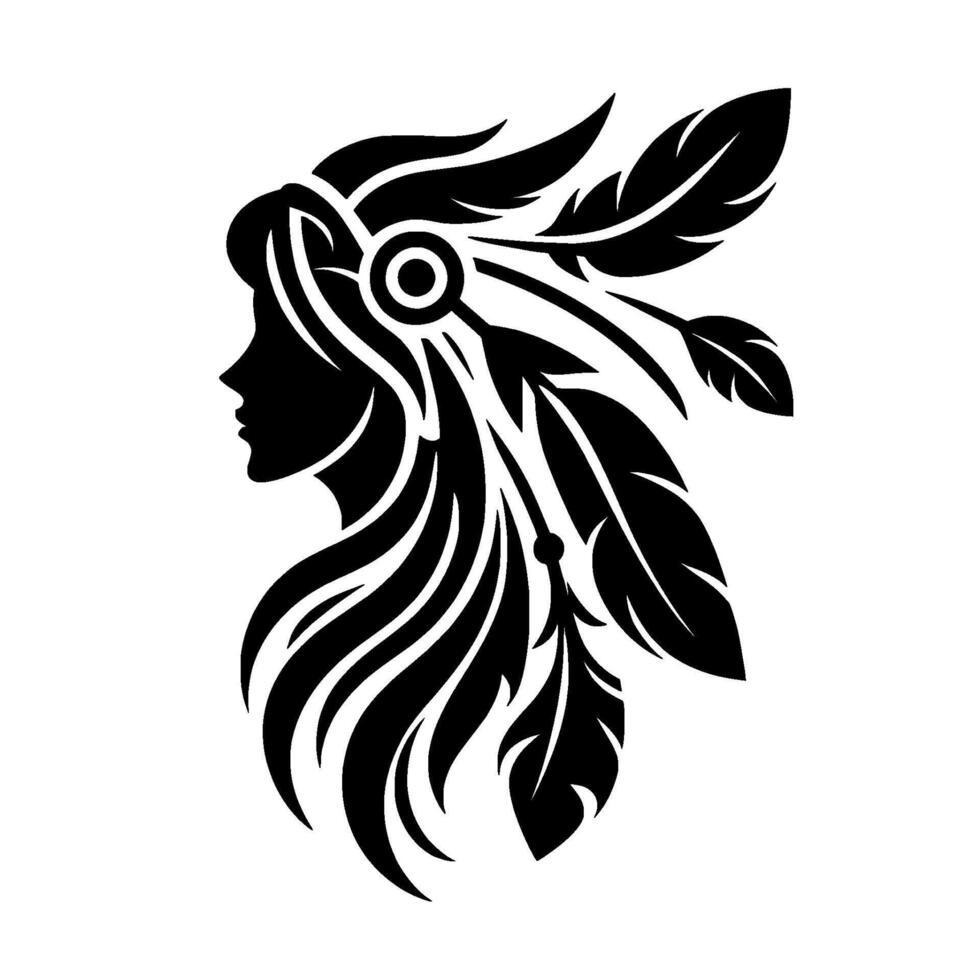 Silhouetted portrait of a Native American woman, adorned with a feathered headdress, set against a stark white background. vector