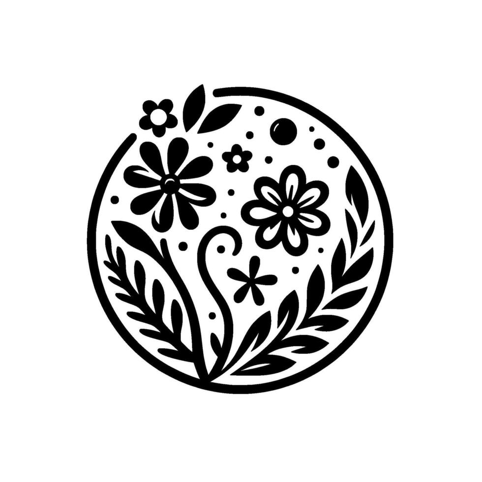 A minimalist black and white floral mandala, featuring stylized flowers and leaves within a circular frame, on a clean white background. vector