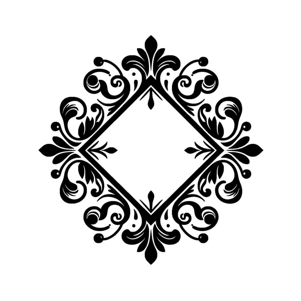 Symmetrical Black Floral Ornament Ornate Diamond Frame with Detailed Swirls and Leafy Accents, Isolated on White Background. vector