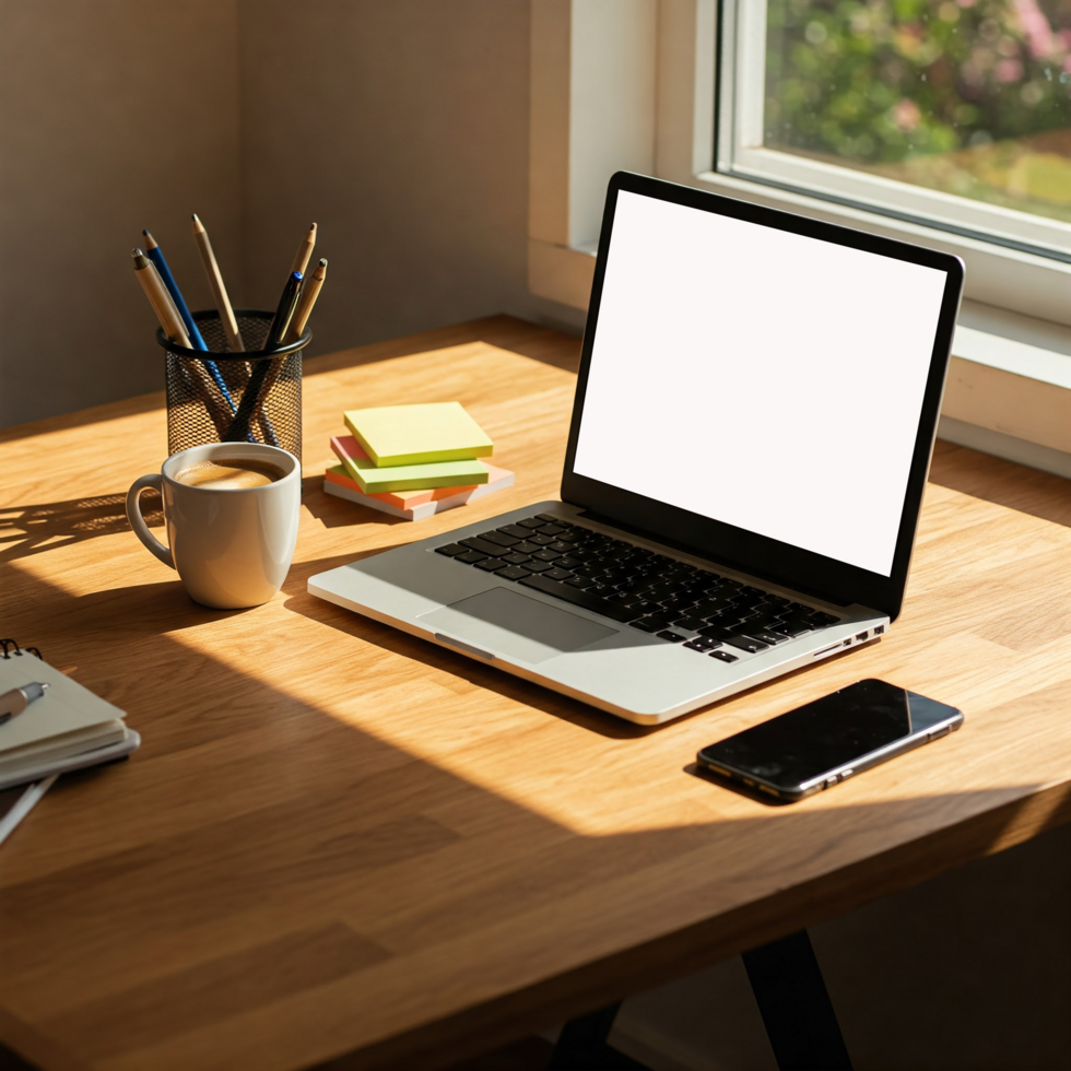 laptop on wooden desk with cup of coffee and notebook psd