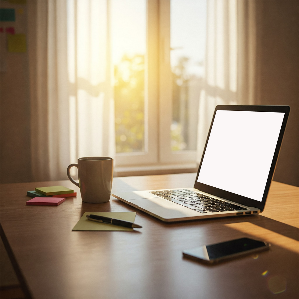 laptop on desk with blank screen psd