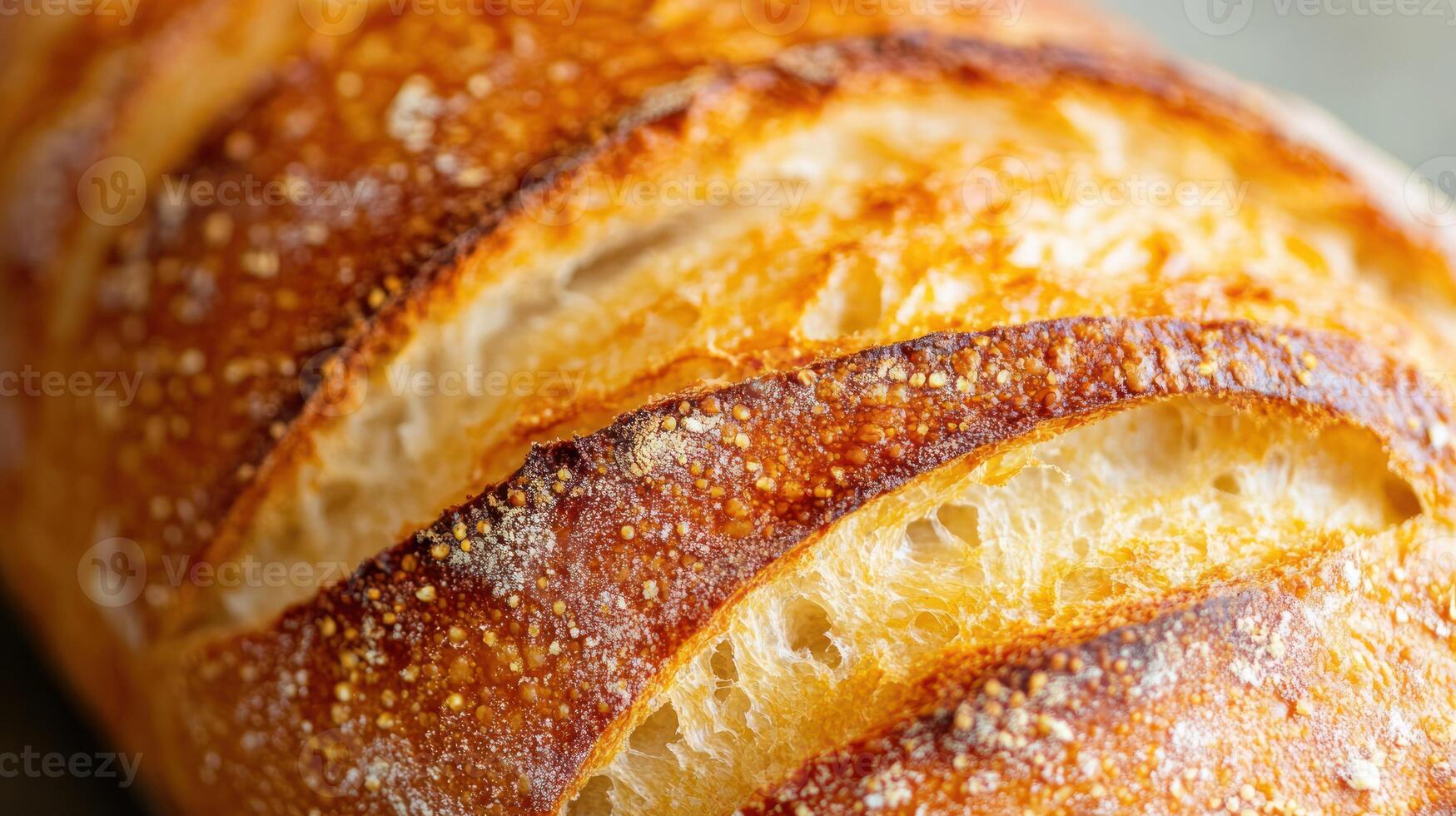 Crusty sourdough bread loaf, close-up view showing sliced texture and golden-brown crust. photo