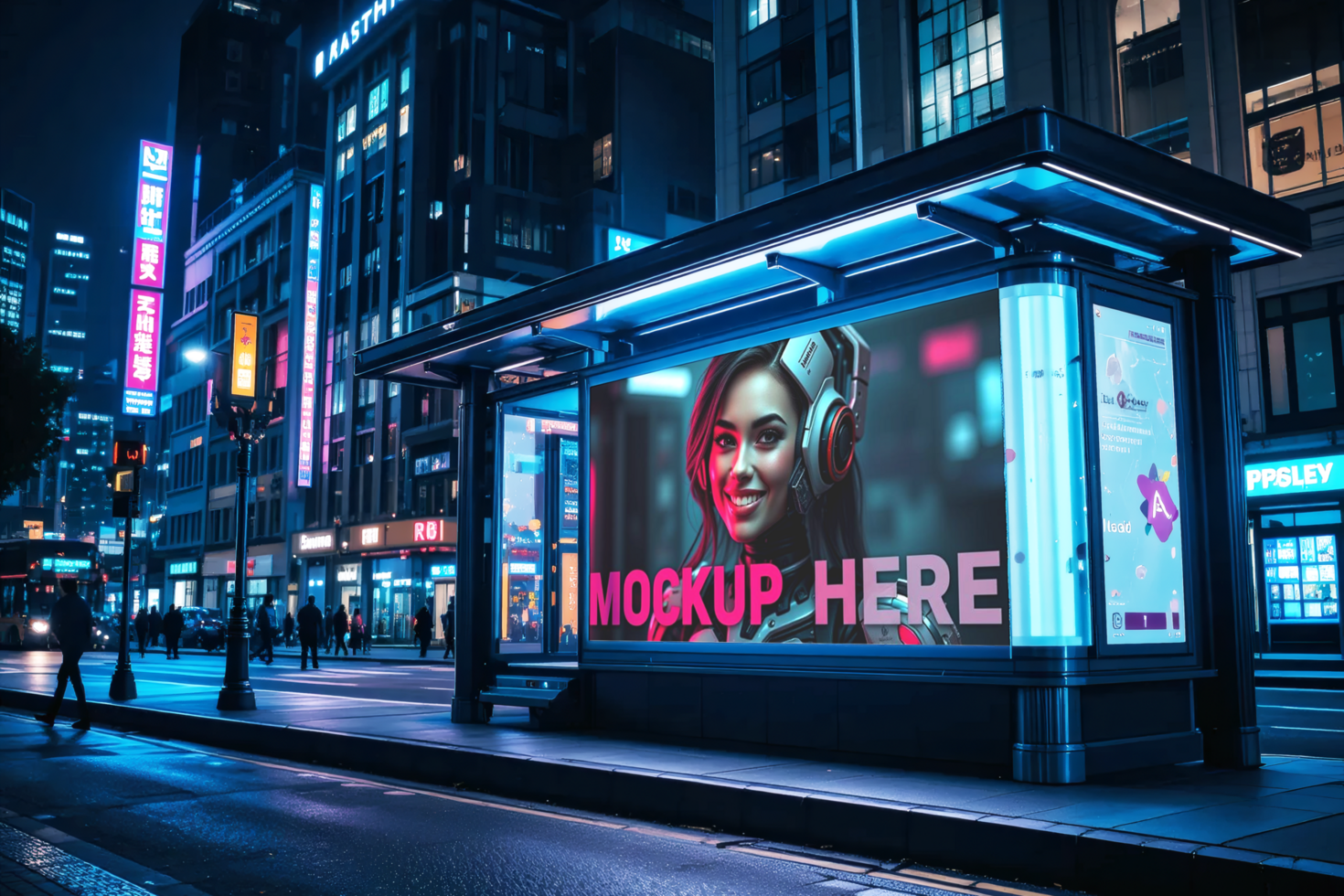 Digital Billboard at Night in a Busy City, Billboard Mockup psd