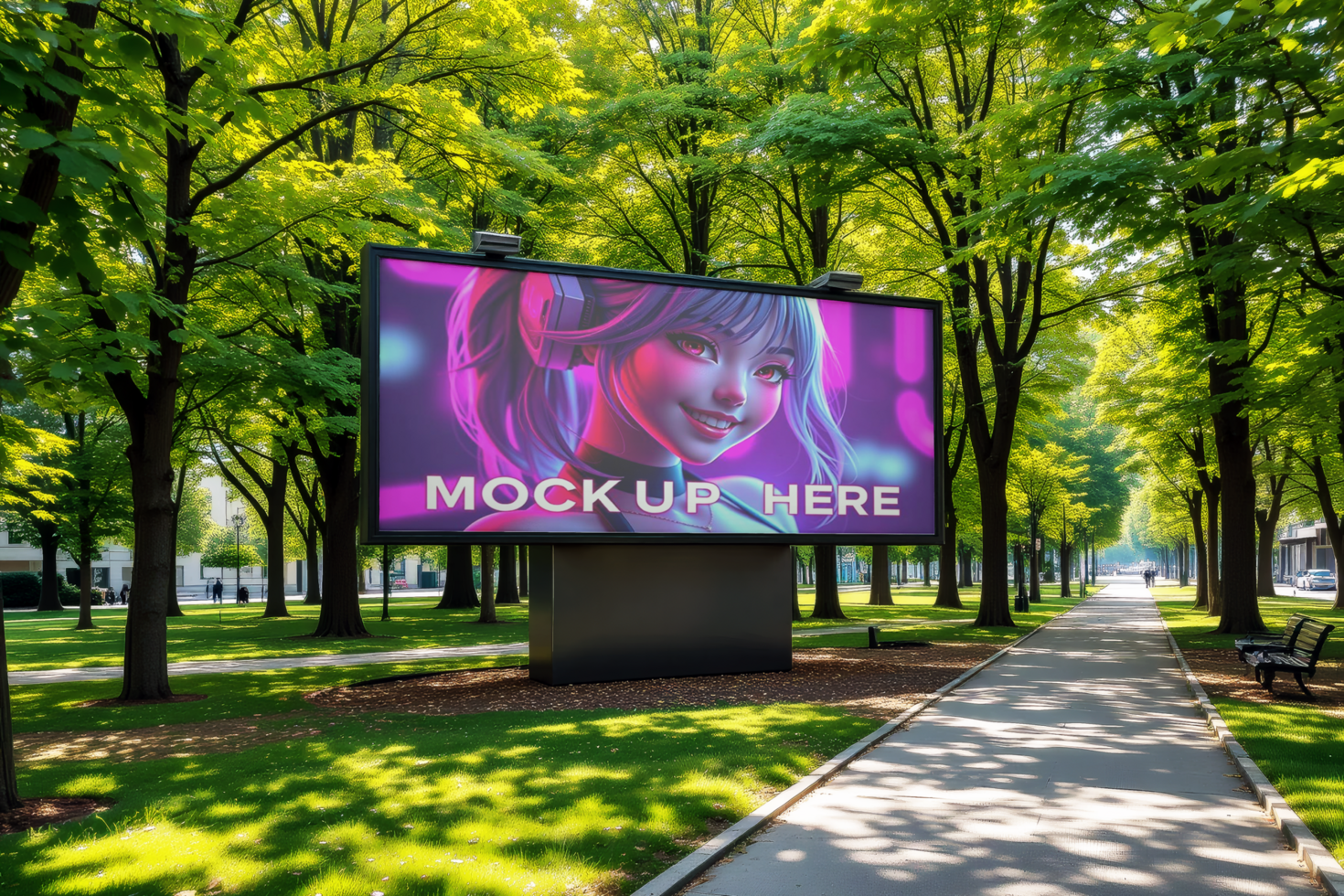 Billboard in a lush park setting, Billboard Mockup psd