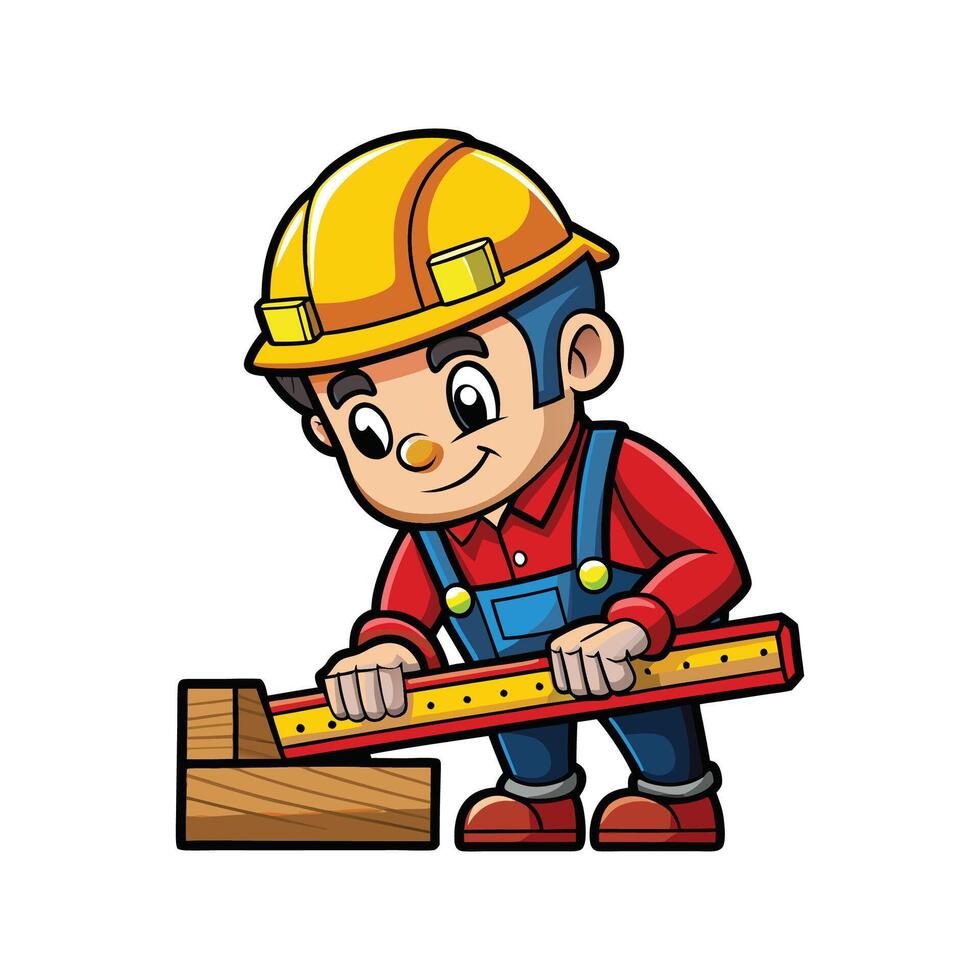 Worker Using Measuring Tape on Wood Cartoon vector
