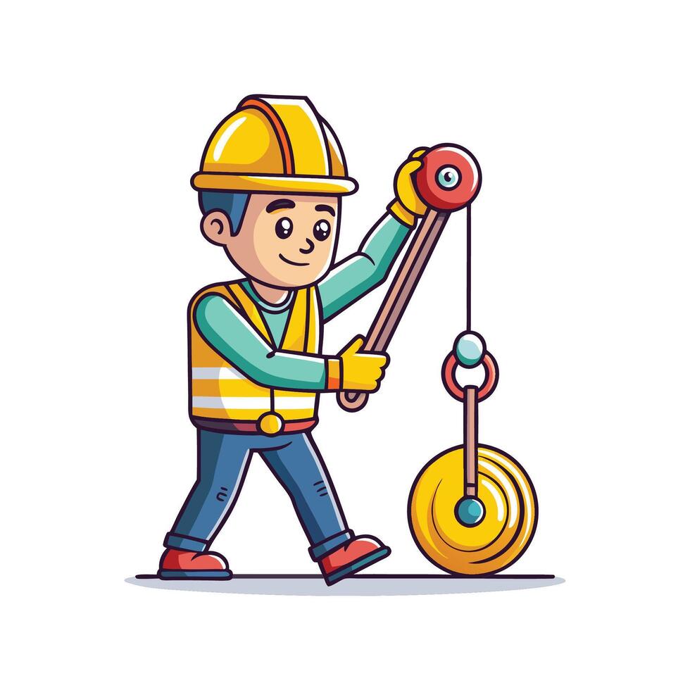 Employee Actively Managing Rope and Pulley on Site vector