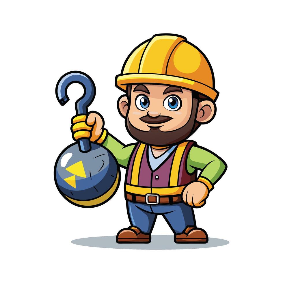 Worker Holding Wrecking Ball Hook for Heavy Lifting vector