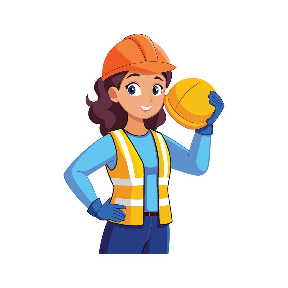Hardworking Female Worker Ensuring Hard Hat Fits vector