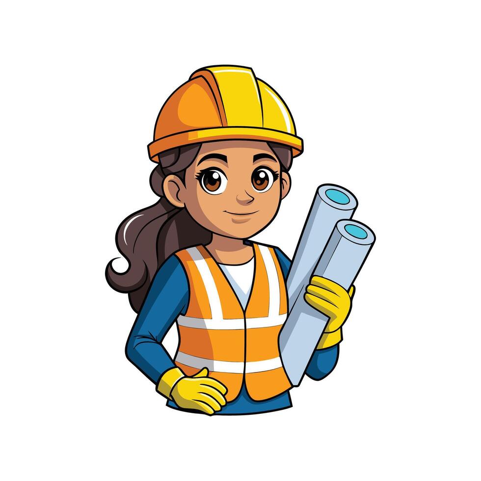 Hardworking Female Worker Using Blueprints for Planning vector