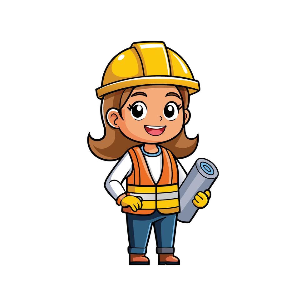 Female Worker Cartoon with Set of Plans vector