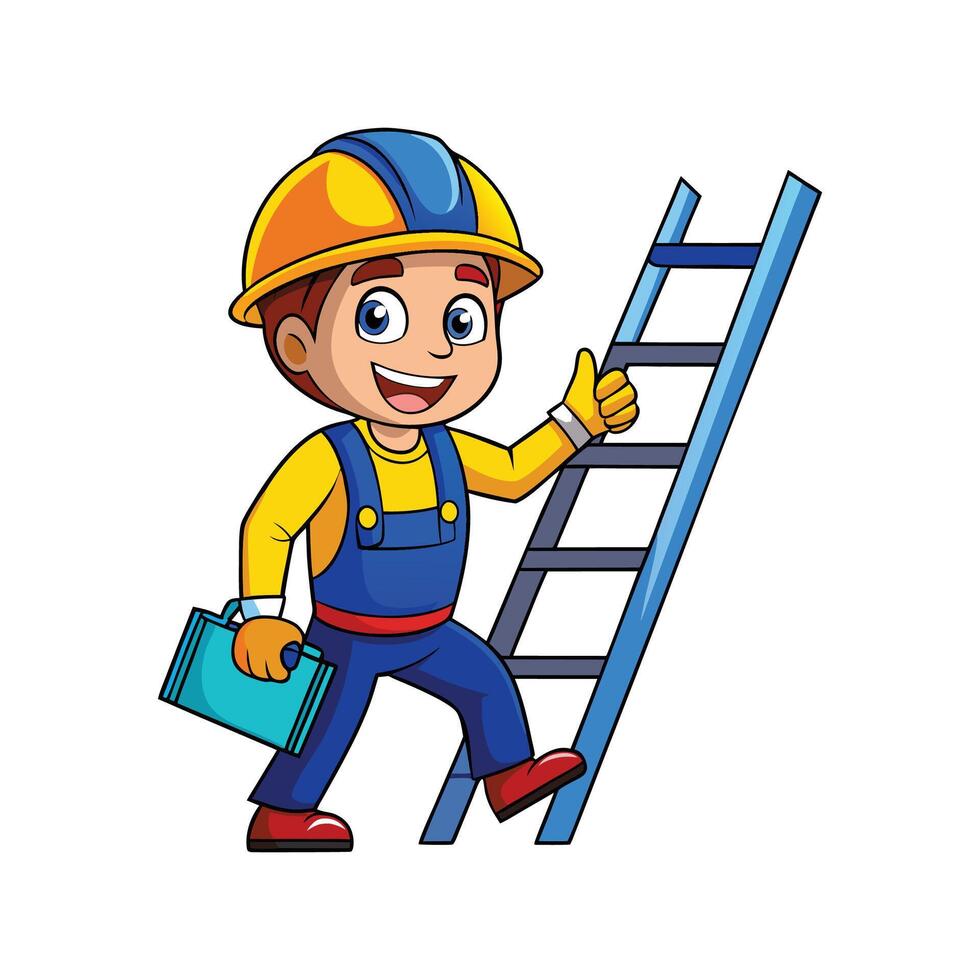 Unique Cartoon of Worker with Ladder vector
