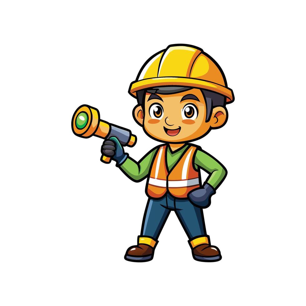 Unique Cartoon of Worker Holding Flashlight vector