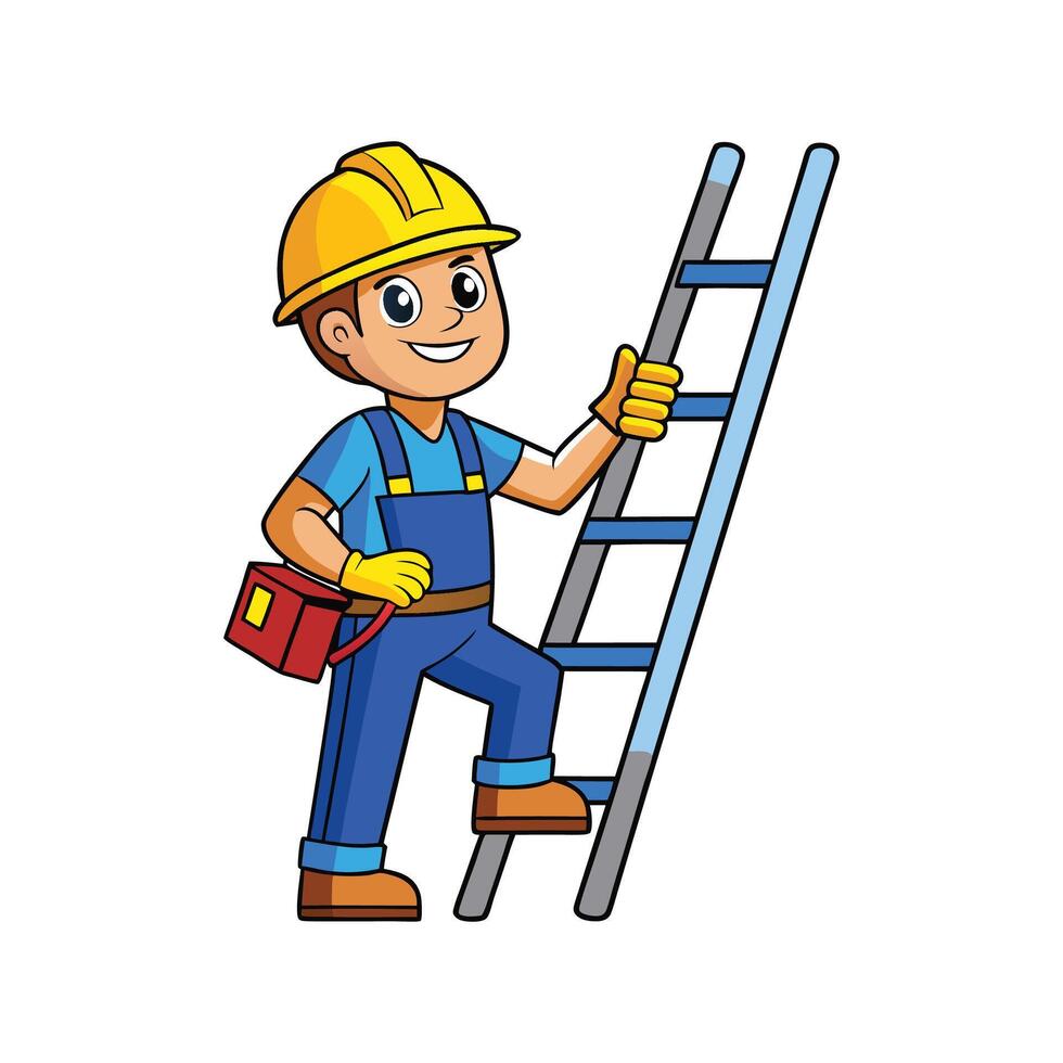 Creative Cartoon of Worker Holding Ladder Upright vector