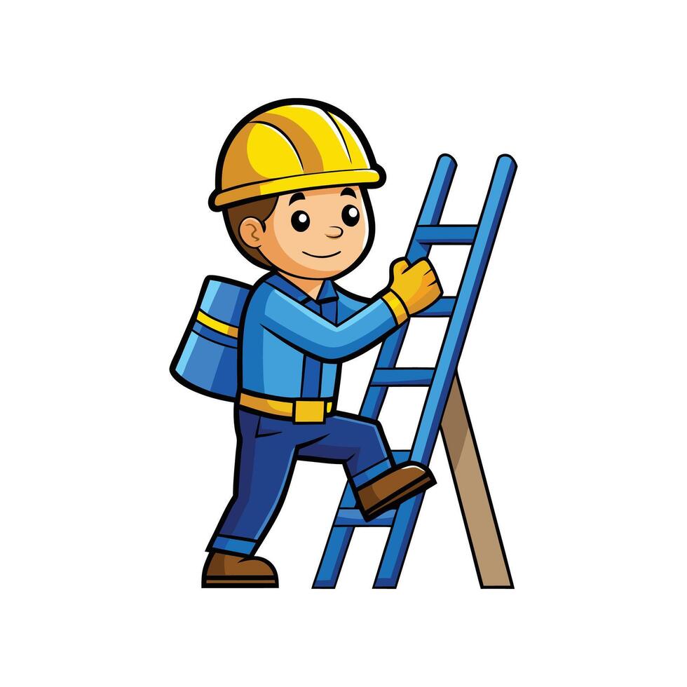 Cartoon of Worker with Upright Ladder vector