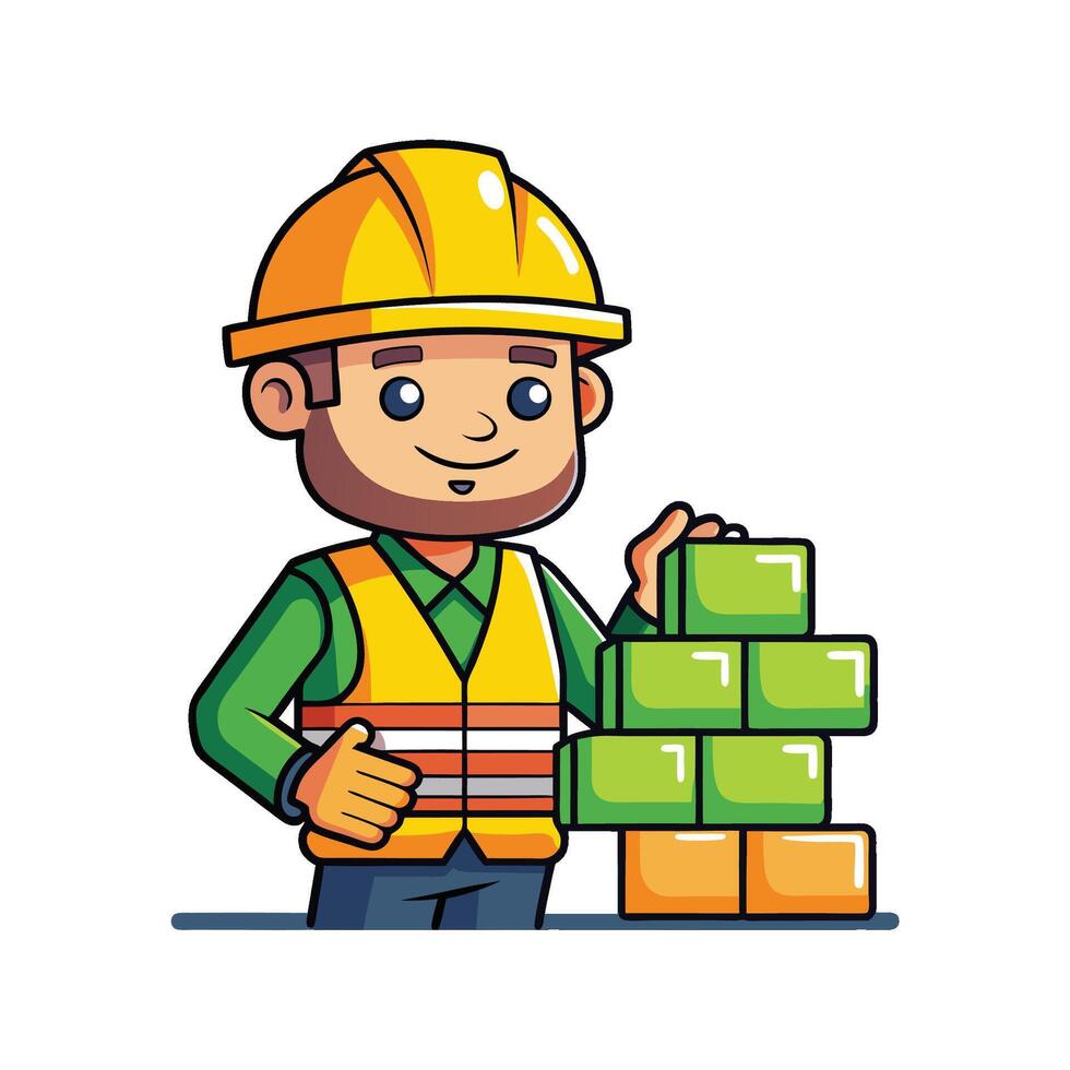 Worker Holding Pile of Bricks Cartoon vector