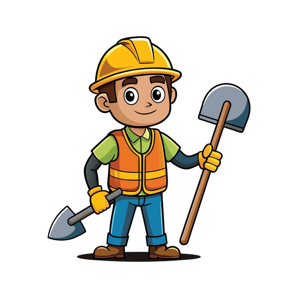 Unique Cartoon of Worker with Shovel and Rake vector