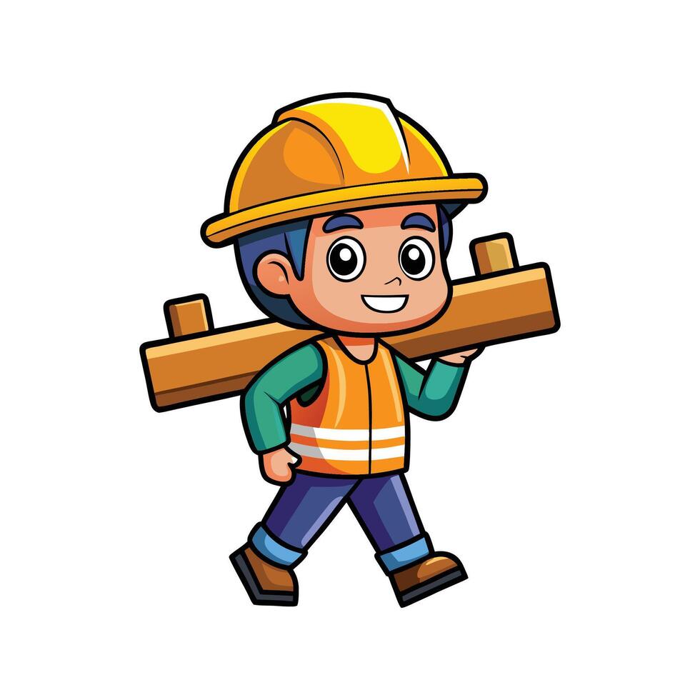 Creative Cartoon of Worker Holding Wooden Plank vector