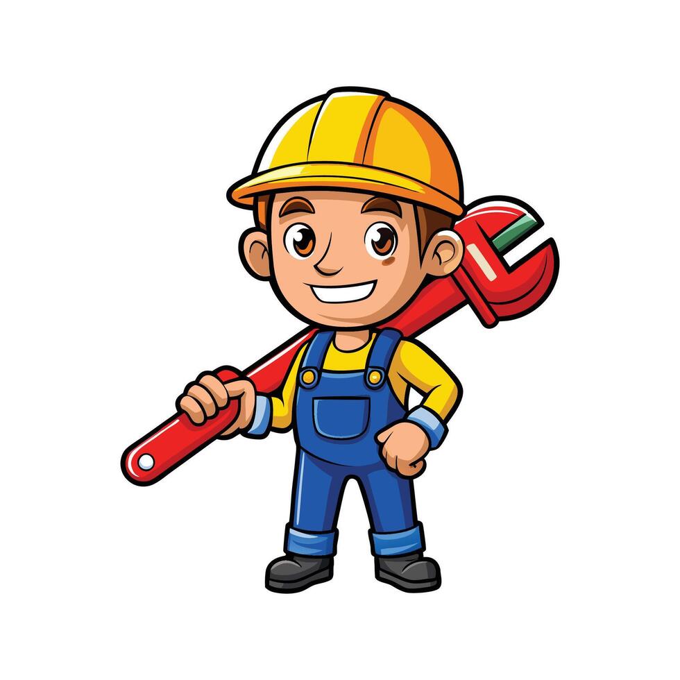 Unique Cartoon of Worker with Pipe Wrench vector