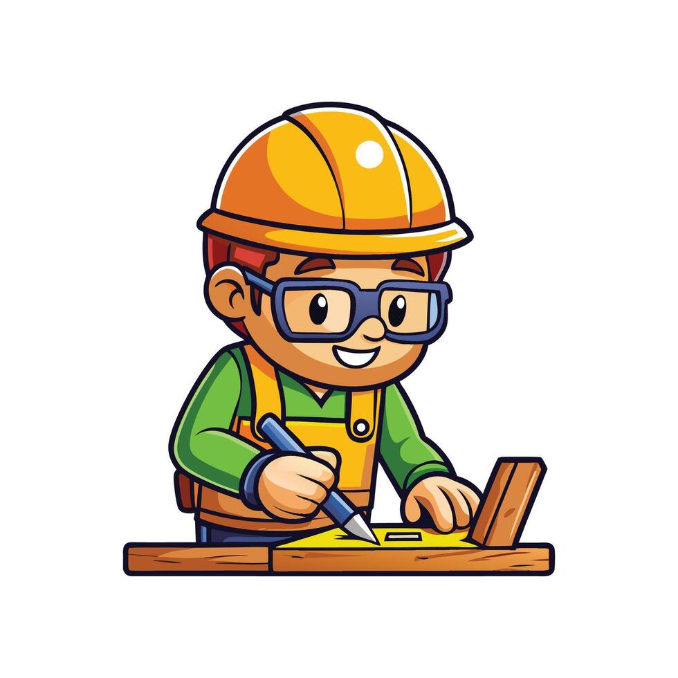Creative Cartoon of Worker Marking Wood vector