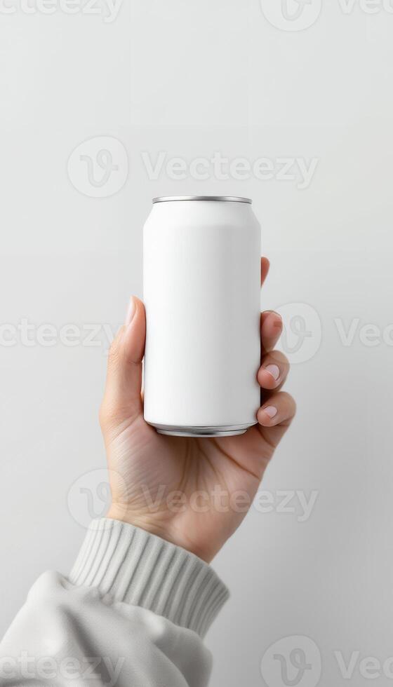 Hand holding a white aluminum soda can, providing a clean and minimalist aesthetic with a transparent background design element. photo