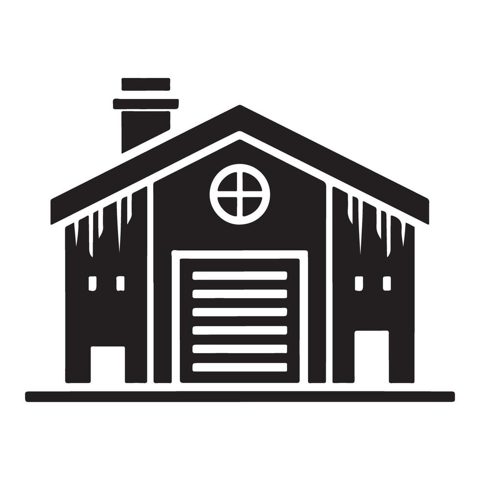 Winter Barn Silhouette Illustration with Snow and Chimney Graphic vector