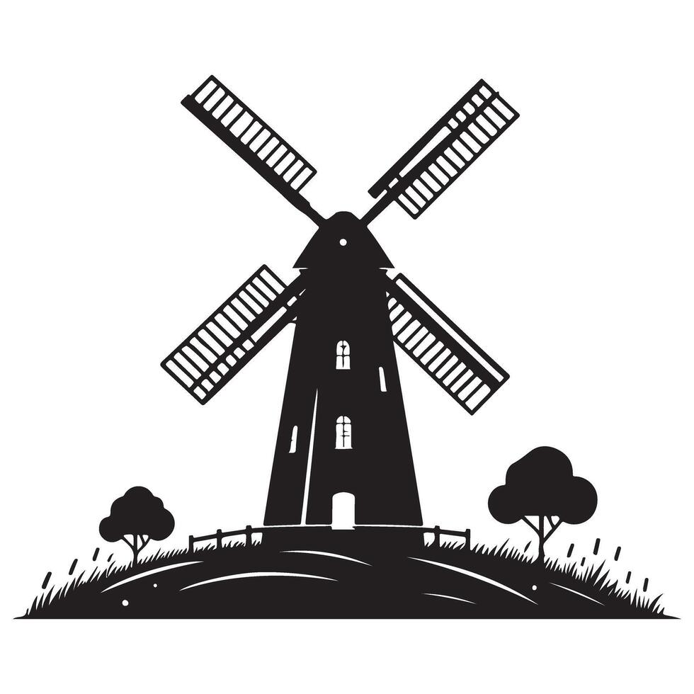 Majestic Windmill Silhouette Standing Tall on a Verdant Hill Illustration vector