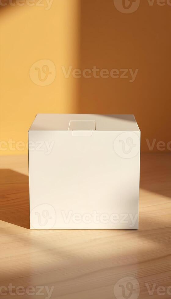 Minimalist white box casting soft shadows on a wooden surface, creating a serene and clean aesthetic with a transparent background effect photo