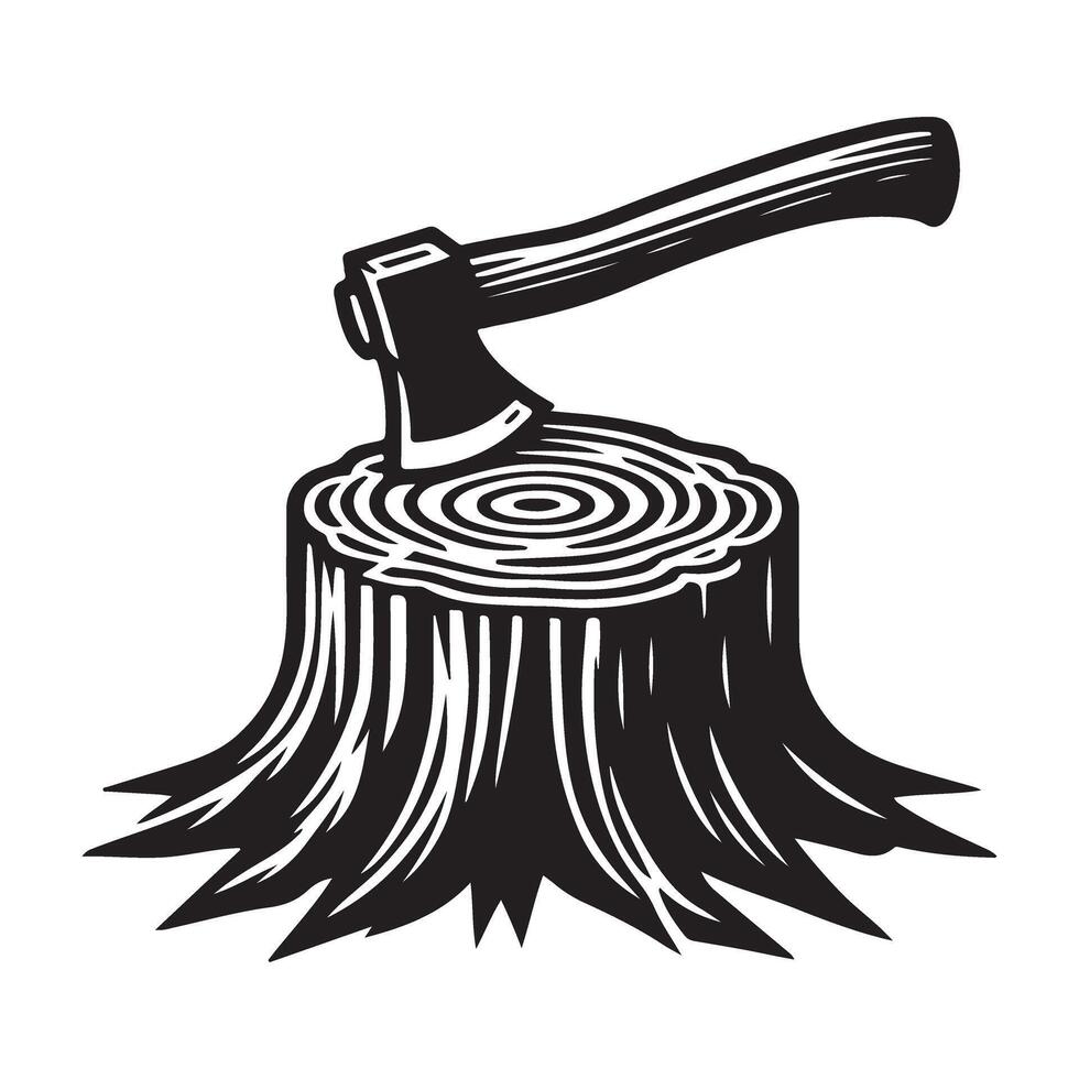 Axe Stuck in Stump Silhouette Illustration Woodworking and Forestry vector