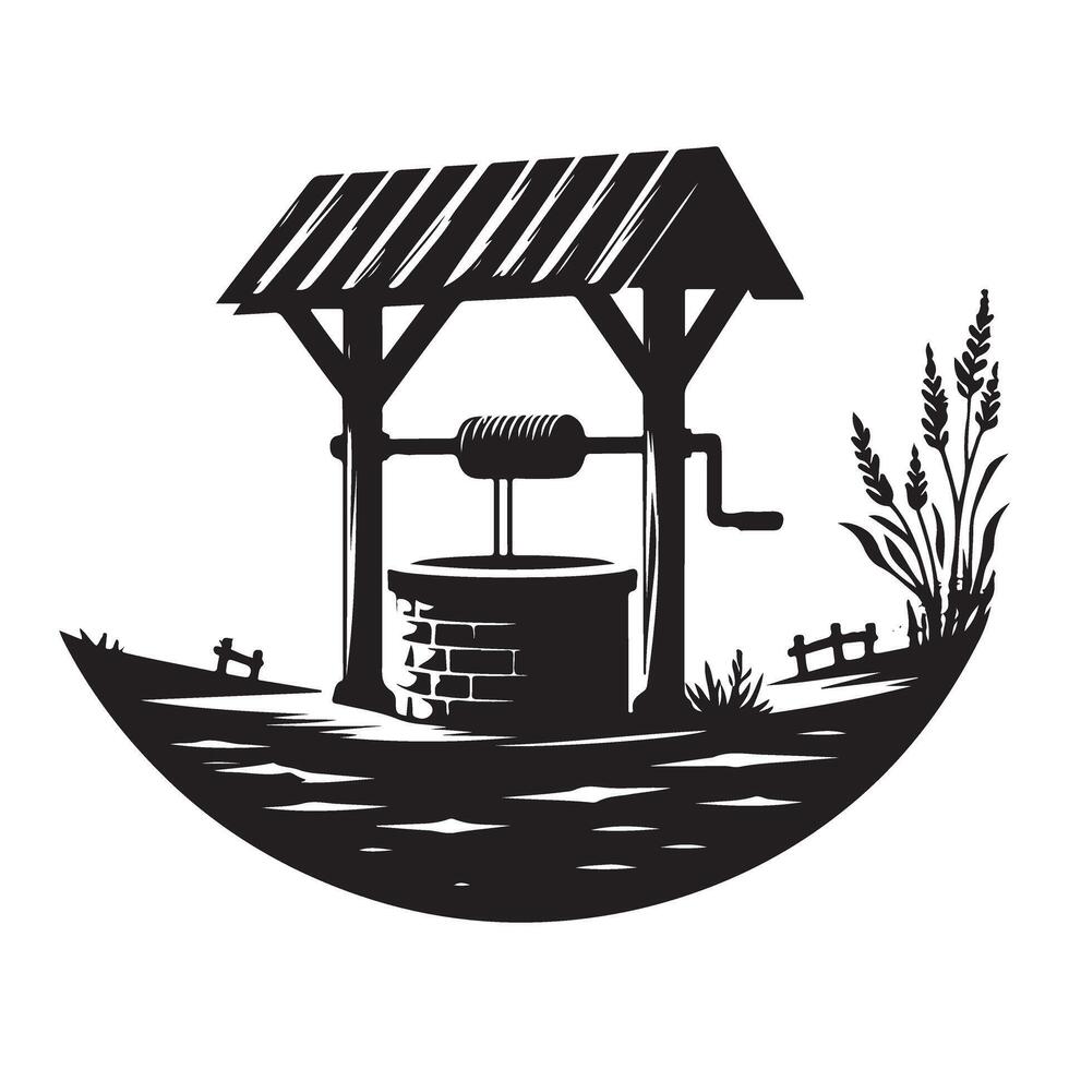 Silhouette Well Illustration with Water and Rural Environment vector