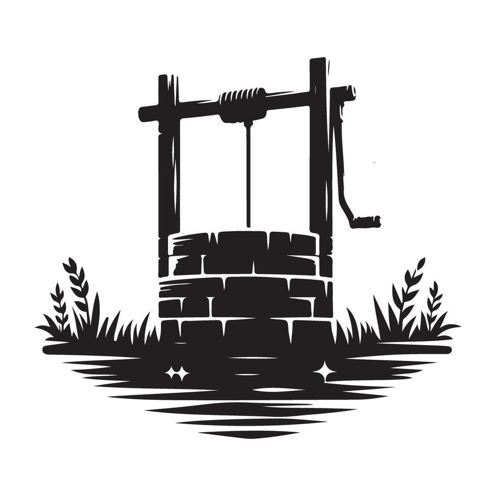 Old Wishing Well Silhouette Rustic Water Source Nostalgic Illustration vector