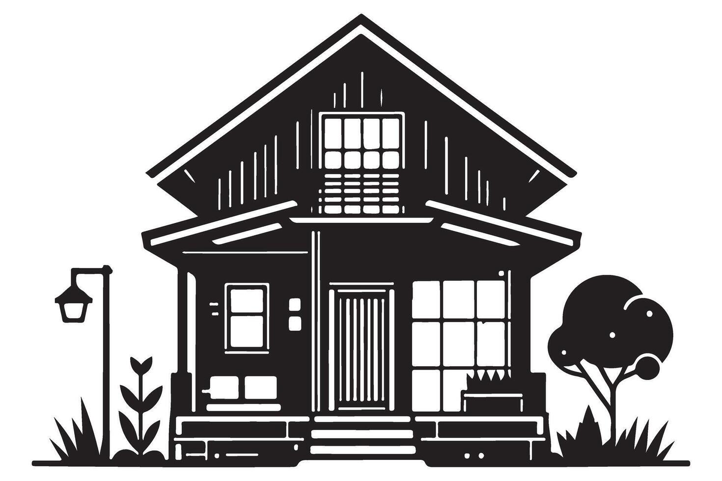 Cozy Home Silhouette with Porch and Garden Illustration vector