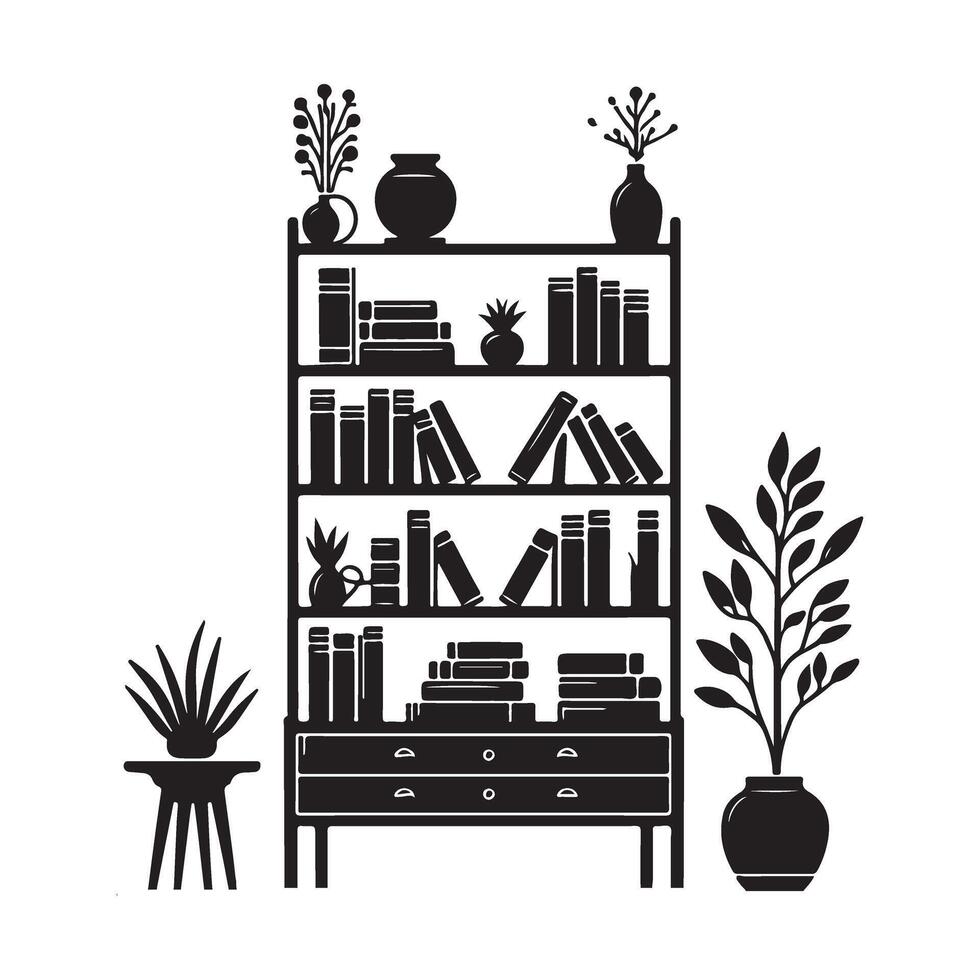 Stylish bookcase illustration displaying books plants and vases at home vector